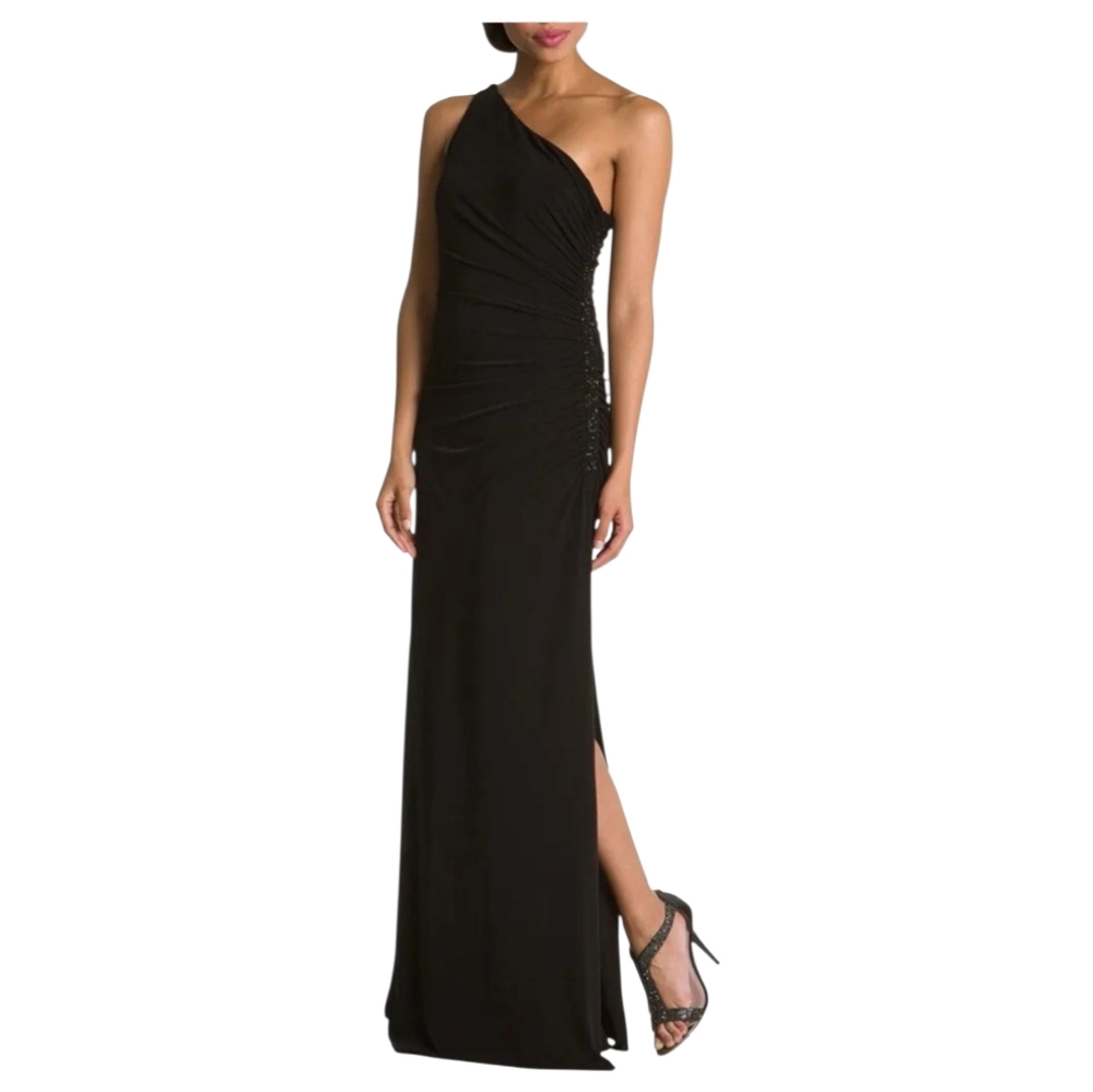 Laundry By Shelli Segal Black Side Beaded One Shoulder Maxi Formal Dress Size 8